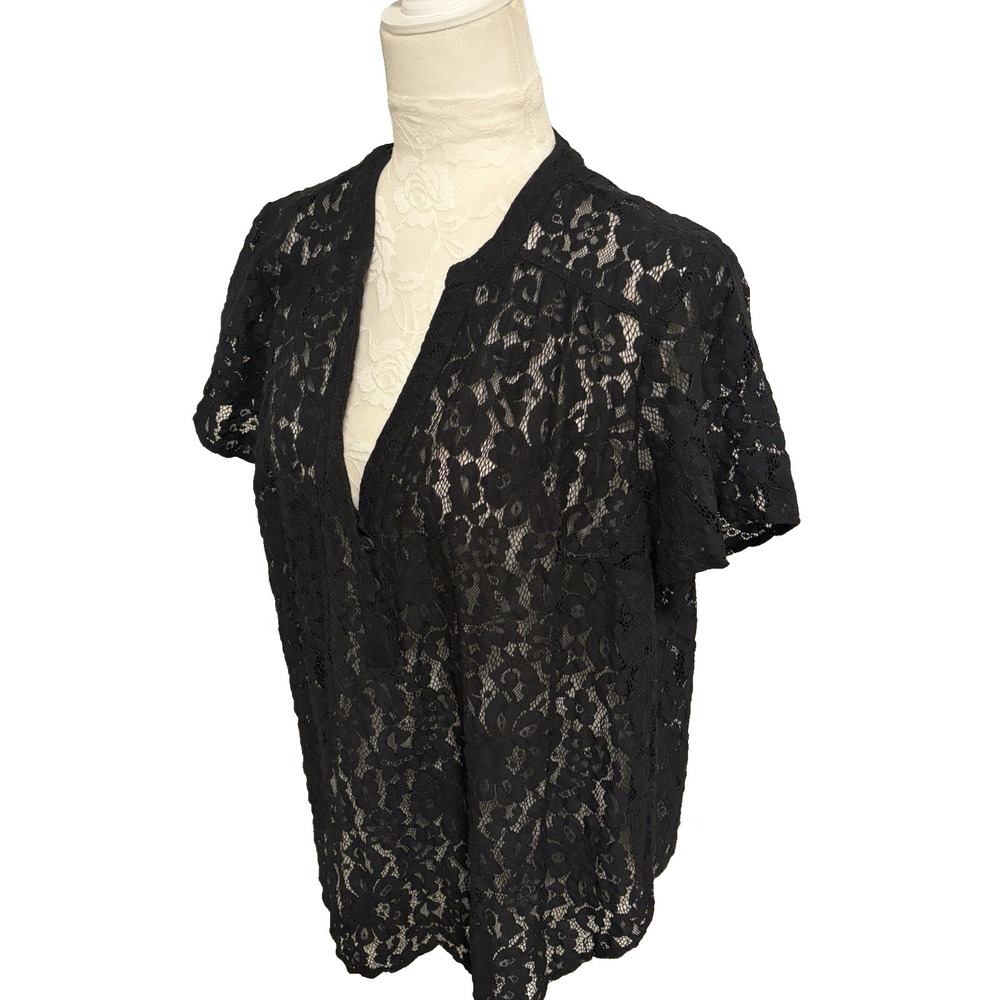 TORRID Black Lace Top~ Sz L~ Short Slv Placket V Neck Goth Vamp Dark Fairy - Picture 1 of 13